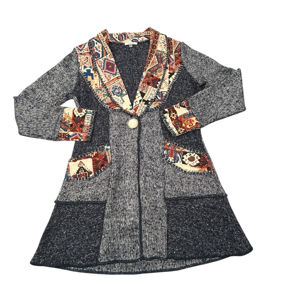 Sioni Artsy Southwestern Embroidered Lagenlook Fit Flare Cardigan M Sweater Boho